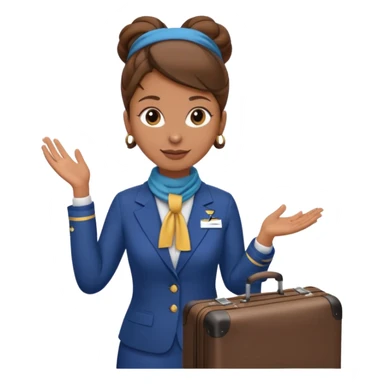 flight attendant, Light Brown skin, brown hair in single bun, neck scarf, suitcase sticker