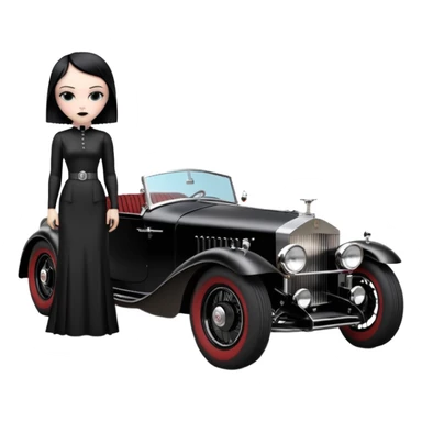 Wednesday Adam’s Blood stained Satanic Darth Vader black Bare bones (channeled cowl) drag racing and speed record modified (fenders removed) chopped streamlined sporty roadster that is a (stripped down) hot street rodded engine sports car 1932 Rolls Royce Woody futuristic  wide racing wheels sticker