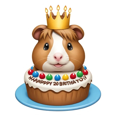 Guinea pig with a cake that’s says “Happy 20th Birthday Bianca” sticker