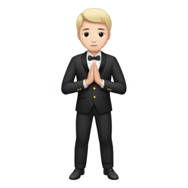 Man formally dressed, put both hands on top of navel and bows sticker
