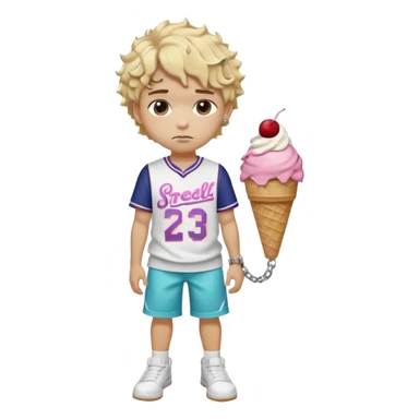 A young boy with Sharp fade, clean shape-up, curly or twisted top, sometimes dyed or with shaved design blonde hair  whop wears a baseball jersey, colorful Ice Cream shorts with cartoon prints, white Air Forces, a crossbody bag, and a chain. Has a fade or durag, serious face, and London street vibes sticker