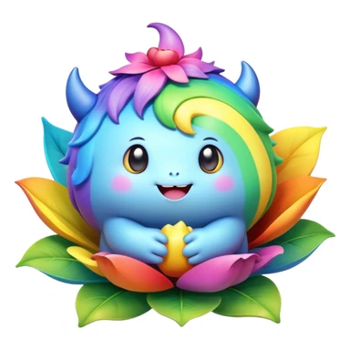 3D, Kawaii derpy fat rainbow monster sitting in a magical rainbow hued flower, rich textures, visually detailed, so lifelike that it feels like it could leap off the page at any moment sticker
