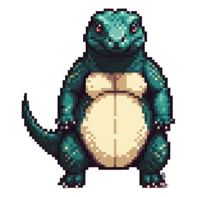 A pixelated fat komodo dragon with a big round belly, mid-hiccup with its body slightly jumping sticker