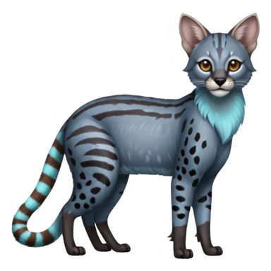 Realistic patterned marked edgy bluish greyish blackish whitish silvery coppery Shiny Colorful Dusky Dark Gloomy Glossy Genet-Caracal-Lion-Bobcat-fusion-animal-hybrid-creature, full body, tufted ears, long thin tufted tail sticker