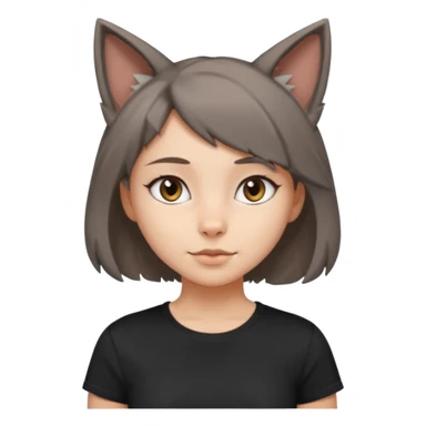 a girl with short brown wolf cut , grey cat ears and a tail, with a black t-shirt on sticker