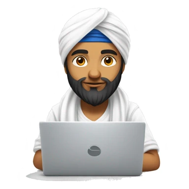 a young sikh boy oimg coding on laptop, Make him wear a Punjabi turban of white color, MAKE the turban very cute , and a little pointy , And Make the bouy cute sticker