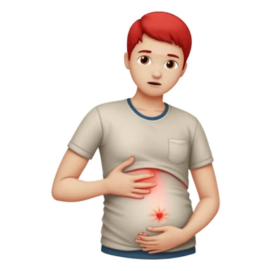 A person wearing casual clothes, holding their stomach with one hand, showing visible discomfort. A red glow appears over the abdominal area to indicate pain. Realistic medical illustration style, clean white background, focus on body language expressing stomach ache or cramps. sticker