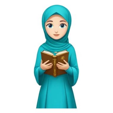 Turkish beautiful finish Konya girl blue eyes with gold hijab and islamic long tailed turquoise dress on the ground at her home garden and had on her hand text Eid Mubarak  sticker