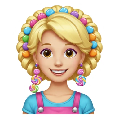 candy shop vendor, looking like candy with candy earrings and candy hair with big smile and blond hair sticker