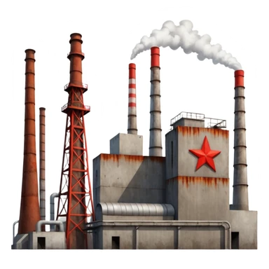 Soviet heavy equipment plant, industrial, smokestacks, red star, utilitarian architecture sticker
