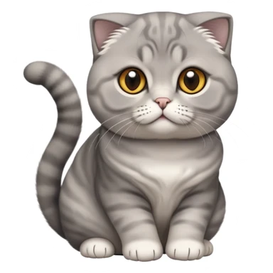  Cinematic-Scottish-Fold-Cat-Realistic-Full-Body-Sitting-Emoji – Tail curled playfully around its paws, head tilted dramatically, soft solid grey fur, signature folded ears adding to its distinctive charm, simplified yet realistic focused features, highly detailed, glowing with an almost sarcastic glow, round amber eyes radiating intelligence and mischief. sticker
