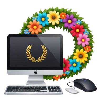 funeral wreath next to a computer sticker