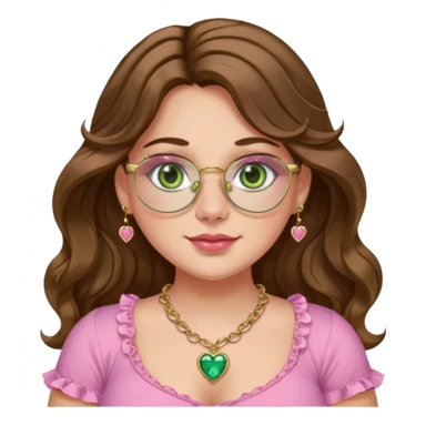 Girl long wavy brown hair with middle part. green gold eyes, plus size, pink frilly top,  gold nose ring, small heart crystal necklace. Gold rimmed glasses sticker