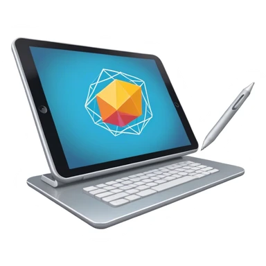 Create an emoji for 3D visualization and modeling. Show wireframe model that pops out from the screen of a large graphic tablet with a stylus drawing in a 3D modeling program. Use modern, professional colors. Do not include any emojis or smiley faces. Make the background transparent. sticker