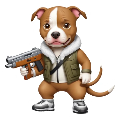 A PITBULL WEARING A NIKE SKI WITH A TOY GUN sticker