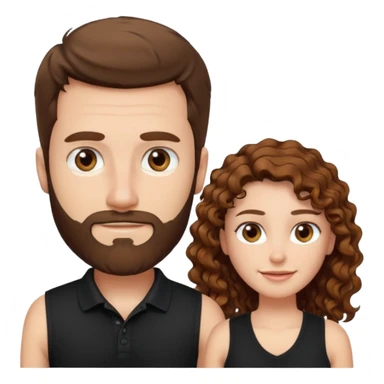 Criar Casal - Homem branco de cabelo liso e olhos marrom, com barba, expressão séria usando camiseta polo preta e mulher de pele branca cabelo cacheado marrom longo e olhos mel, usando uma regata fina branca, quero ela sorrindo sticker