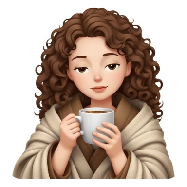 White girl with curly brunette hair wrapped in a cozy blanket sipping coffee with eyes closed peacefully sticker