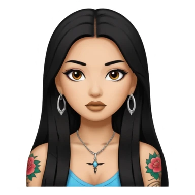 baddie with Asian and Latina features, long straight black hair, makeup, small tatto sticker