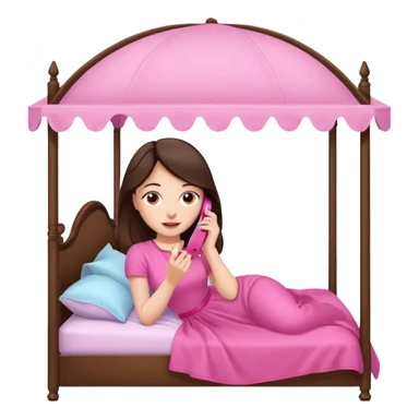 brunette woman on a canopy bed, talking on a pink phone sticker