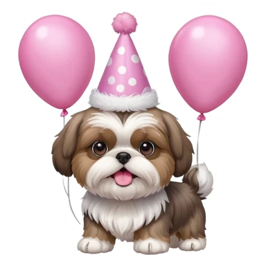 cute shih tzu hold a few pink balloons  with pink birthday hat sticker