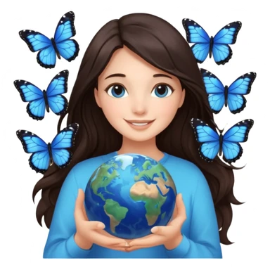 Successful CEO (brunette girl, another emoji, in the middle), holding the Earth 🌍 in her hands smiling warmly, blue monarch butterflies fly around her. sticker