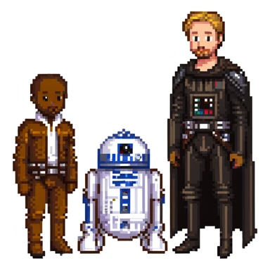Neger meeting Ryan Gosling in a Star Wars costume with simple background in pixel art style sticker