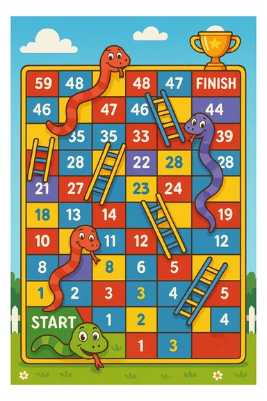 Create a colorful rectangular board game path in the classic "Snakes and Ladders" style. The path consists of 50 numbered squares arranged in a winding pattern across 4–5 horizontal rows. The path starts in the bottom-left corner with a cheerful cartoon snake's face and the word "START", and ends in the top-right corner with a trophy icon and the word "FINISH". Include several snakes that slide the player down (curvy red or purple snakes with playful expressions) and ladders that move the player up (brightly colored ladders with blue or yellow rungs). Some squares are colored differently (e.g. red, blue, yellow) to indicate special actions. The background is bright and fun, with a blue sky, white clouds, green grass, and a picket fence with flowers. Style: digital cartoon illustration with bold lines, vibrant colors, and a joyful, child-friendly atmosphere. The entire board should be playful, engaging, and suitable for kids aged 5–10. sticker