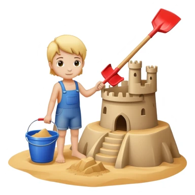 child with a bucket and shovel next to a sandcastle sticker