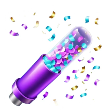 glowing confetti popper emoji, purple and cyan colors, emitting confetti and sparkles, vibrant celebration atmosphere sticker