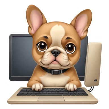 Fawn Frenchie with black muzzle working behind computer sticker