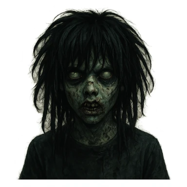 boy zombie with medium-long black dreads, emo and shaggy hairstyle, dark and spooky atmosphere, creepy expression sticker