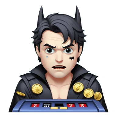 disheveled bat man losing money at a slot machine, panicked face, coins flying sticker