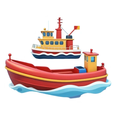 A 3D cartoon tugboat towing another boat on calm blue water, soft waves, clear sky, Memoji-style. sticker
