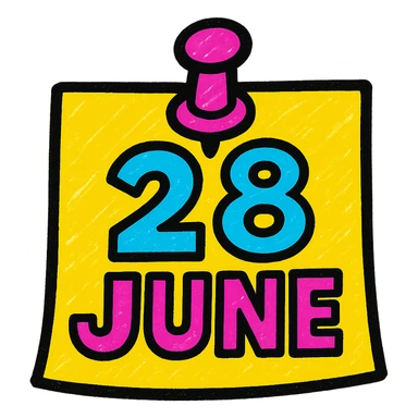 a cheerful note with a pin, '28 June' in bold, colorful letters, pop colors style sticker