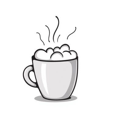 A mug of hot cocoa with marshmallows and steam in pastel colors (dd9fb0, ffc6d3, a3bfc9, c4bee2, f1b091), hand-drawn doodle style sticker