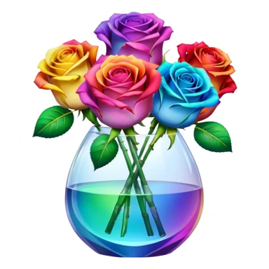 Rainbow color realistic roses in translucent clear crystal vase sticker