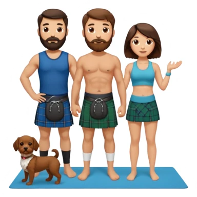 emoji of brunette man with beard wearing kilt, brunette woman in yoga outfit and white cockapoo dog sticker