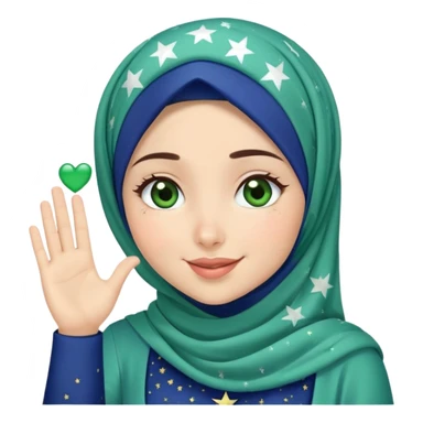 Turkish beautiful finish Konya girl blue starry hijab and green heart dress and wink her hand goodbye  sticker