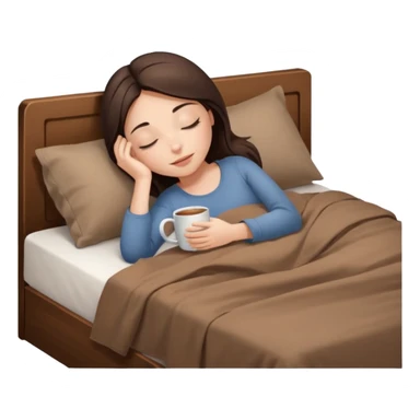 brunette girl with closed eyes lies on bed with brown bed linen and holds mug sticker
