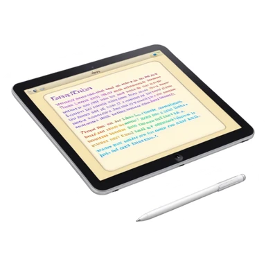 Create an emoji representing fanfiction writing. The design should feature a digital device tablet with visible text, symbolizing the creative process of writing fanfiction. Add a subtle reference to popular fictional characters or universes to indicate the fan aspect. Use a playful, imaginative color palette, blending vibrant tones with soft neutrals. Do not include any emojis or smiley faces. Make the background transparent. sticker