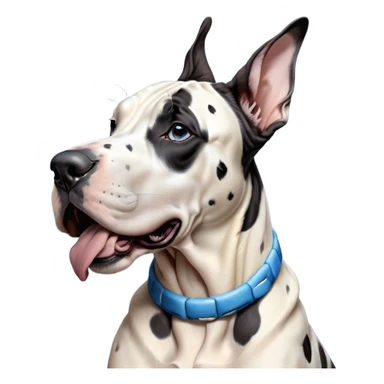 Cinematic Cute Yawning Harlequin Great Dane Portrait Emoji, Head tilted slightly with a dramatic, wide-open yawn, showcasing a smooth coat of predominantly white with bold black patches, floppy ears slightly drooping, round blue eyes barely open in drowsy contentment, Simplified yet irresistibly adorable features, highly detailed, glowing with a soft, cozy glow, high shine, relaxed yet expressive, stylized with a touch of whimsy, bright and endearing, soft glowing outline, capturing the essence of a sleepy yet affectionate guardian, so drowsy it feels like it could stretch out of the screen and curl up for a nap! sticker