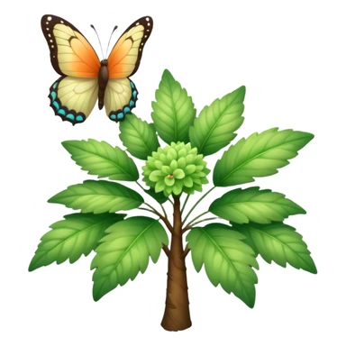 A fluffy bush with soft light-green foliage and a small butterfly sticker