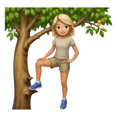 una chica subido de un arbol colgando sticker