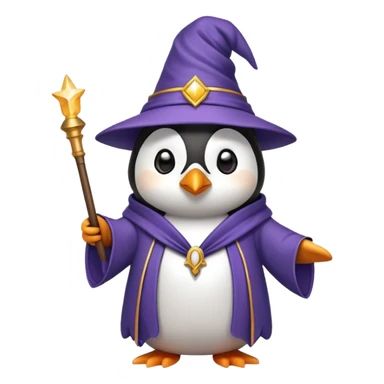 penguin wearing a wizard hat and robe, holding a magic wand sticker
