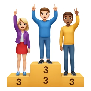 three casually dressed people on a winners podium with no numbers, middle step higher, each on their step, center person holds up one finger on each hand, fun expressive cheerful emoji style sticker
