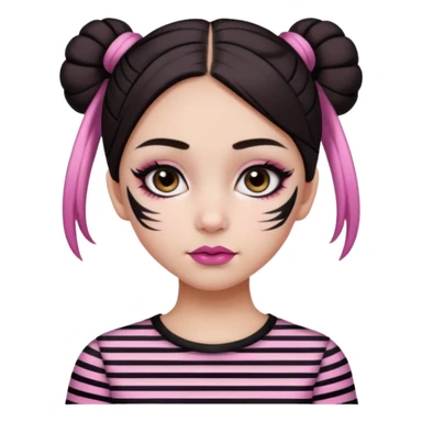 generate a pretty fair bratz girl with dark brown eyes. Dark brown hair straight hair with pink highlights tied into buns.  eyeliner. black lipstick. Wearing a white and black striped top sticker