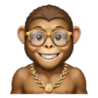 rich monkey (actual monkey, not human looking) with glasses smiling with diamond grillz and a bitcoin golden chain with diamond pearls sticker