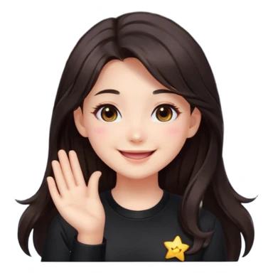 kawaii streamer girl, brunette, dark brown eyes, long dark hair, black outfit, smiling, sparkling eyes, blushing cheeks, happy expression, small stars around, emoji icon sticker