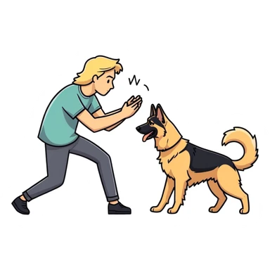 hippy man with long blonde hair playing with German shepherd sticker
