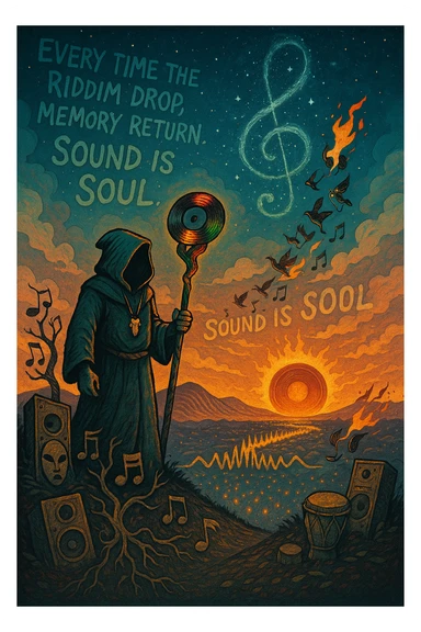 Create a mythical, animated-style poster set in a timeless world where sound is sacred. At the center, a hooded guardian of rhythm stands on a hill, overlooking a vast land shaped like a giant soundwave.

He holds a staff made of melted vinyl records, glowing with faint reggae colours — red, gold, and green. Around his neck is a lion’s fang pendant, and behind him, a swirling constellation shaped like a treble clef lights the sky.

From the earth, roots twist upward into musical notes, connecting instruments, speakers, and ancestral masks half-buried in the soil.

A flock of birds made from broken headphones and fire rises from the horizon — flying toward a glowing sun that pulses like a subwoofer.

Below, scattered across the valley, are tiny glowing embers — each one representing a soul still dancing, still alive.

In the sky, faint words form from the clouds:
“Every time the riddim drop, memory return. Sound is soul.”

The artwork should feel ancient, futuristic, and sacredly street — part graffiti, part prophecy, part roots revival. sticker